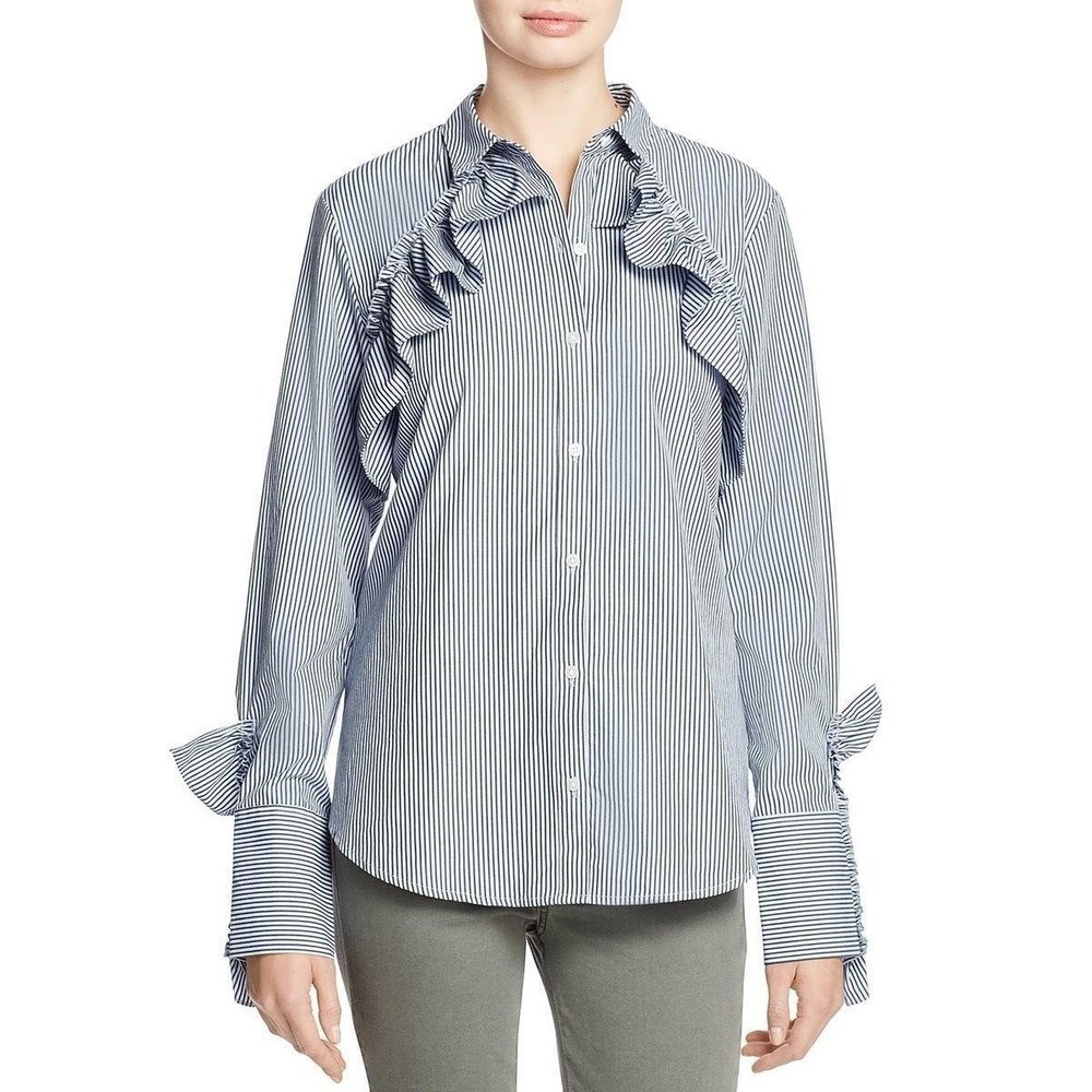 Kenneth Cole New York Striped Ruffle Button Up Shirt Small Blue Business Casual